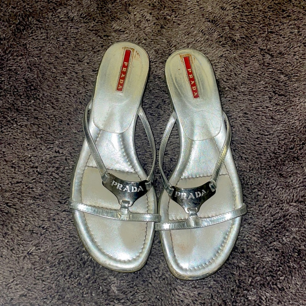 Prada silver metallic kitten heel sandals
